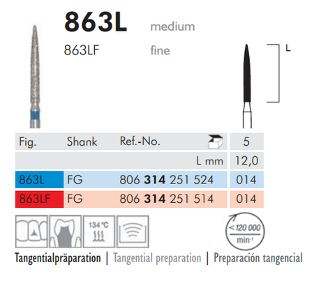 Meisinger 863L Synthetic Diamond Bur — Pack of 5 — Flame Tip